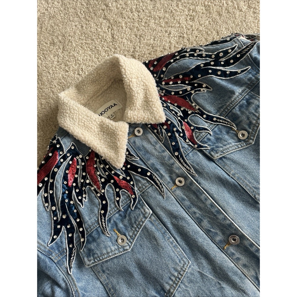 Uooyaa Denim Sherpa Trench Jacket Womens Small Flame Sequin Jeweled Blue Coat